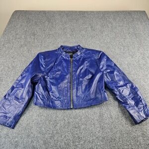 Bebe Womens Cobalt Blue Cropped Leather Moto Jacket Size L Full Zip Mandarin